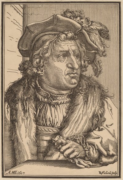 Mand med plymeret kasket af Christoffel van Sichem I after Hendrik Goltzius