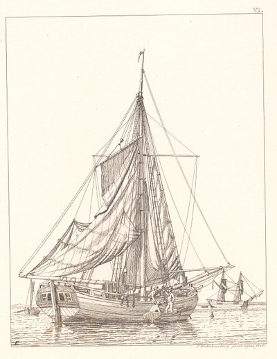 Danish: En dansk jagt som tørrer sejl i stille vejr af Christoffer Wilhelm Eckersberg