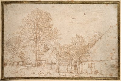 Stråtækte bygninger, næsten nøgne træer og en flok gæs (pen og blæk på papir) af Kosma Sergejewitsch Petrow Wodkin