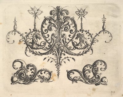 En fantastisk lysekrone med brændende stearinlys og arabesker, nogle ender med fantastisk hest..., 1610. af Christoph Jamnitzer