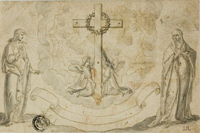 Jomfru Maria og Johannes Evangelisten ser et syn af korset holdt af to engle af Christoph Schwarz