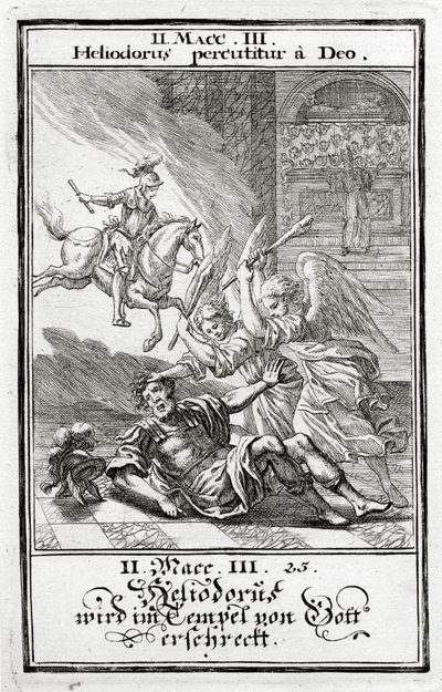 Gud skræmmer Heliodorus i et tempel, 2 Makkabæer (3:21-28), 1695 af Christoph Weigel