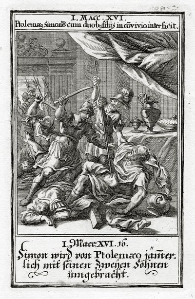 Simon og hans to sønner bliver dræbt af Ptolemæus.1 Makkabæerbrevet 14:16, 1695 af Christoph Weigel