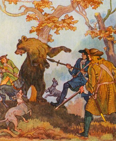 Barenjagd / Bear Hunting (farvelitografi) af Christophe (1856-1945)