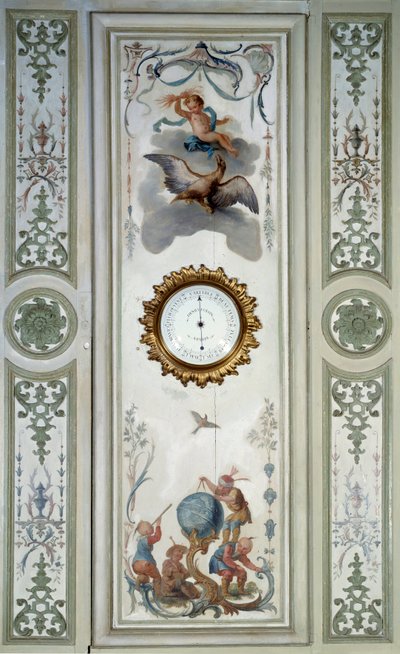 Panel af den store stue på Chateau de Champs sur Marne med barometer og chinoiserie. Vægdekoration malet af Christophe Huet (1700-1759) af Christophe Huet