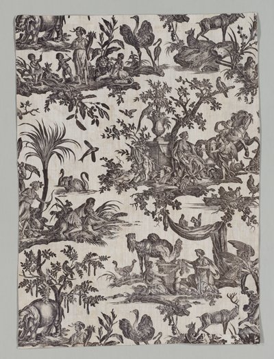 Fragment af kobbertrykt bomuld med Les quatres parties du monde Design, 1788. af Christophe Philippe Oberkampf