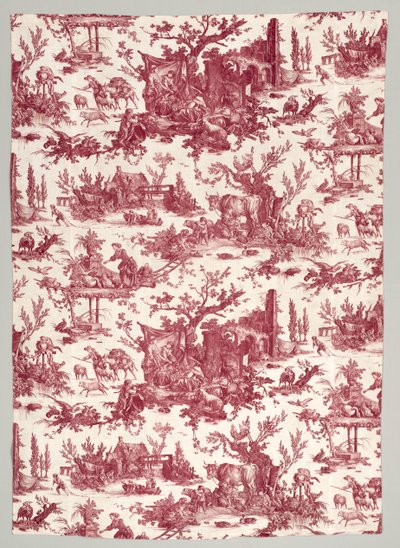 Strimmel af kobbertrykt bomuld med Les plaisirs de la ferme-design, 1785-1790. af Christophe Philippe Oberkampf