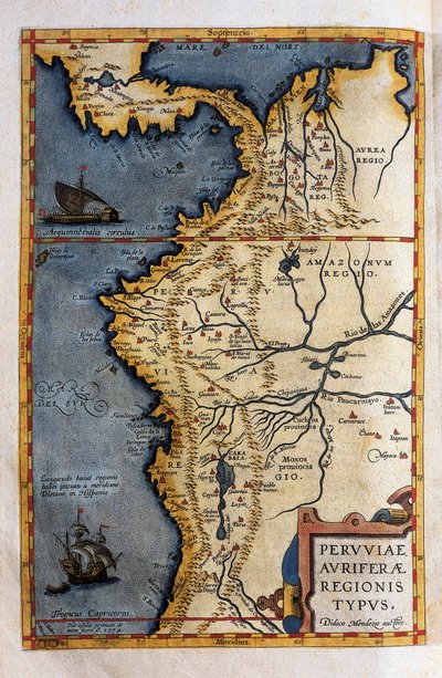 Kort over Peru, fra optegnelserne om Hernando de Sotos ekspedition i 1570 af Christophe Plantin