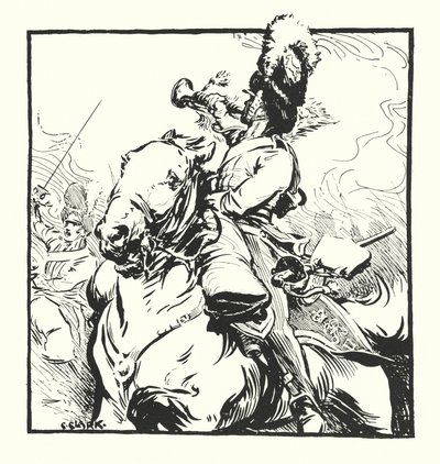 Bugler of the Scots Greys, tegner til en annonce for Major Drapkin & Co