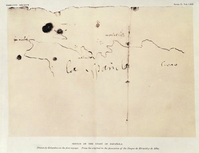 Skitse af Espanolas kyst, tegnet af Columbus på den første rejse, fra originalen i Duque de Berwick y de Albas besiddelse, 1492 (blæk på papir) af Christopher Columbus