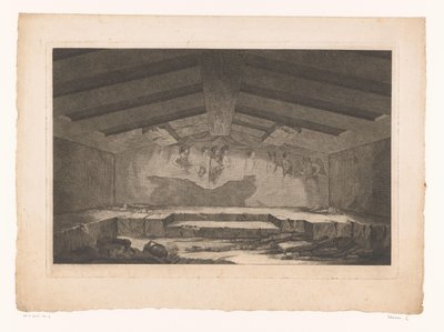 Etruskisk gravkammer i Tarquinia med et vægmaleri med en procession på bagvæggen af Christopher Norton