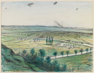 Landskab med observationsballoner, 1914-18 (blyant og farveblyant på papir) af Christopher Richard Wynne Nevinson