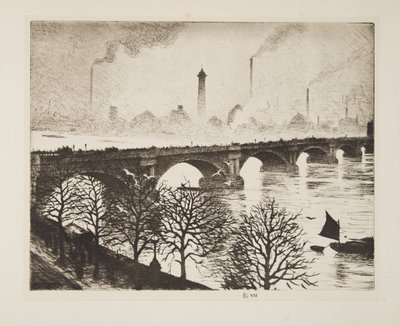 Waterloo Bridge fra et Savoy-vindue, pub.1925 (radering) af Christopher Richard Wynne Nevinson