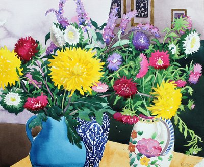 Interiør med asters (akvarel på papir) af Christopher Ryland
