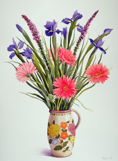 Iriser og Gerbera i en hollandsk kande (wc) af Christopher Ryland