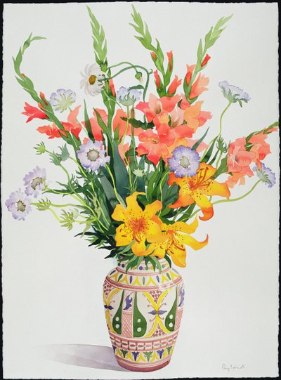 Orange og blå blomster i en marokkansk vase (wc) af Christopher Ryland