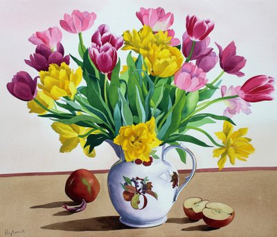Tulipaner i kande med æbler (akvarel på papir) af Christopher Ryland