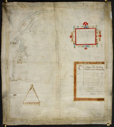 Kort over Bayford og Goodmanston herregårde i Murston og Sittingbourne, co. Kent: 1590 (blæk og farvevask på pergament) af Christopher Saxton