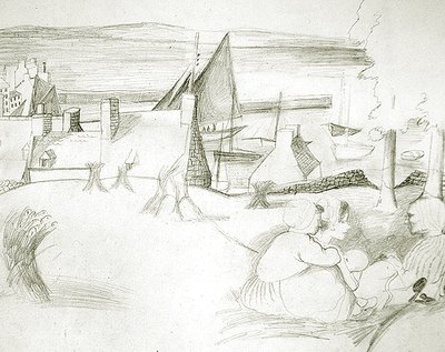 Breton Fishing Village, ca. 1929-30 (blyant på papir) af Christopher Wood