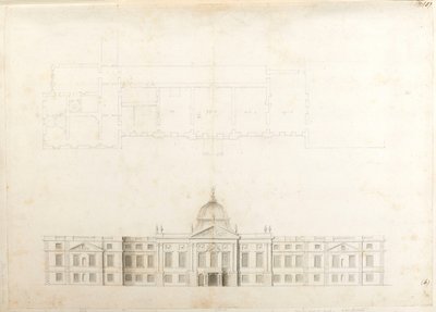 Hampton Court Palace, delplan og skitseopstalt for en indgangsfacade, sandsynligvis for 2. skema, nummereret 5 & 6 af Christopher Wren