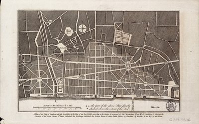 Plan over City of London efter den store brand i 1666 (print) af Christopher Wren