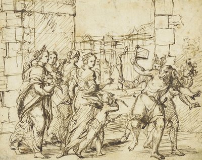 Den lupercalske festival i Rom: Amor og frugtbarhedspersonligheder møder Luperci klædt ud som hunde og geder af Circle of Adam Elsheimer