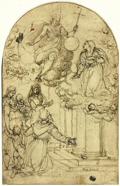 Vision af den hellige Frans af Assisi ved Portiuncula (recto); Ornamental design (verso) af Circle of Alessandro Allori