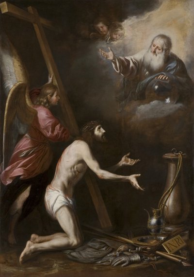 Spansk: Cristo flagelado arrodillado ante Dios Padre (Den piskede Kristus knæler foran Gud Fader) af Circle of Antonio del Castillo y Saavedra