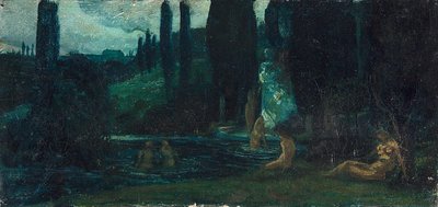 Kvinder, der bader om aftenen i et sydligt landskab af Circle of Arnold Böcklin