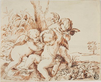 To putti giver en tredje bind for øjnene af Circle of Guido Reni