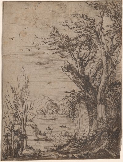 Landskab med knudrede træer og fisker af Circle of Jacques de Gheyn