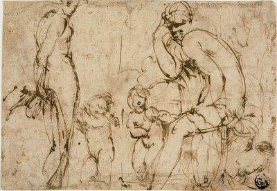 Venus og Mars med putti (recto); Skægget mand bevæger sig mod højre (verso) af Circle of Parmigianino