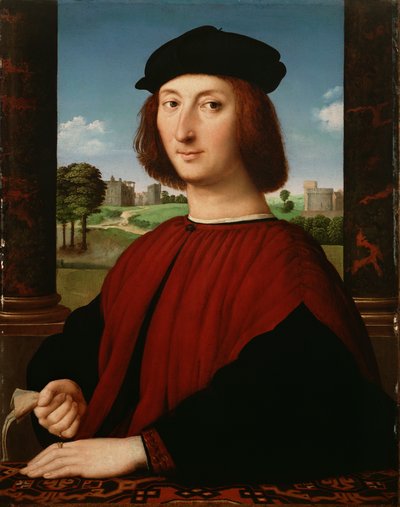 Portræt af en ung mand i rødt af Circle of Raphael