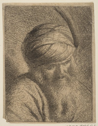 Buste af en mand i fjerbeklædt turban og langt skæg.n.d. af Circle of Rembrandt