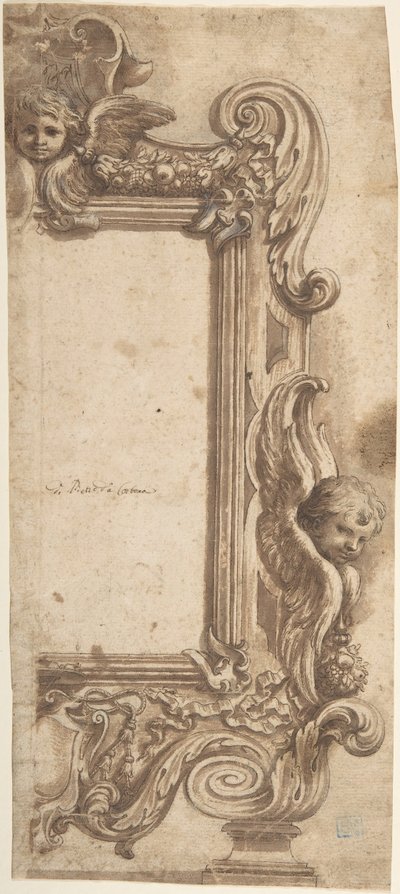Design til en halvramme dekoreret med engle, volutter og guirlander., 1634-89. af Ciro Ferri.