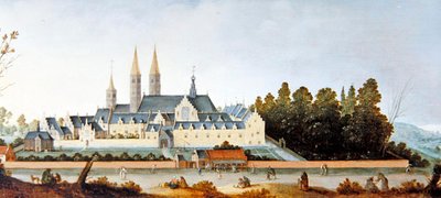 Egmond Abbey & Castle (olie på panel) af Claes Jacobsz. van der Heck