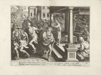 Paulus driver dæmonerne ud i Efesos Apostlenes Gerninger (serietitel) Acta Apostolorum (serietitel) af Claes Jansz. Visscher (II) (workshop of)