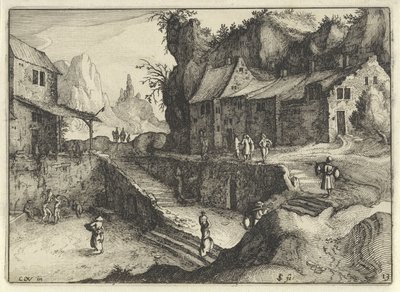 Bjerglandsby med huse og trapper Hollandske landskaber (serietitel) Amaeniores Aliquot Regiunculae (serietitel på objekt) af Claes Jansz. Visscher (II)