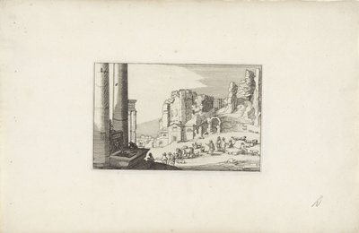Bakket landskab med springvand og hyrder Italienske landskaber med ruiner (serietitel) Variae antiquitates Romanae (serietitel på objekt) af Claes Jansz. Visscher (II)