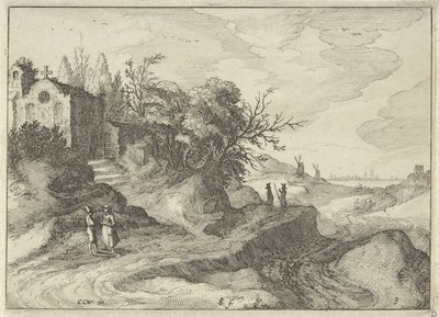 Kapel på en snoet landevej Hollandske landskaber (serietitel) Amaeniores Aliquot Regiunculae (serietitel på objekt) af Claes Jansz. Visscher (II)