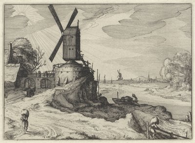 Mølle ved en flod Hollandske landskaber (serietitel) Amaeniores Aliquot Regiunculae (serietitel på objekt) af Claes Jansz. Visscher (II)