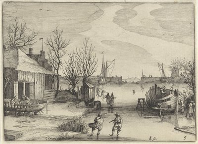 Skibsværft på en frossen kanal Hollandske landskaber (serietitel) Amaeniores Aliquot Regiunculae (serietitel på objekt) af Claes Jansz. Visscher (II)