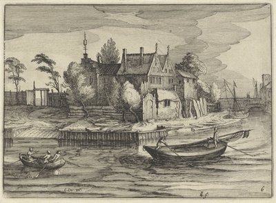 Slupper ved et gods Hollandske landskaber (serietitel) Amaeniores Aliquot Regiunculae (serietitel på objekt) af Claes Jansz. Visscher (II)