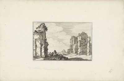 To hyrder ved en ruin Italienske landskaber med ruiner (serietitel) Variae antiquitates Romanae (serietitel på objekt) af Claes Jansz. Visscher (II)