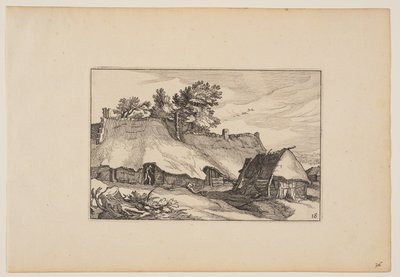 En gård, mand i døråbningen, fra Landskaber (Verscheyden aerdige Lanthuysen...) af Claes Jansz. Visscher