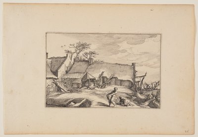En bondegård, en mand med en kurv i forgrunden, fra Landskaber (Verscheyden aerdige Lanthuysen...) af Claes Jansz. Visscher
