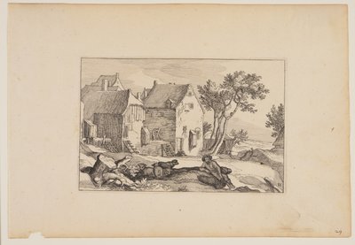En bondegård med en hvilende hyrde i forgrunden, fra Landskaber (Verscheyden aerdige Lanthuysen...) af Claes Jansz. Visscher