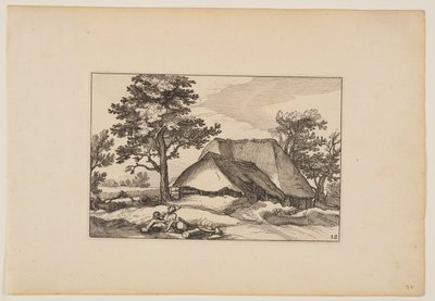Skure, hvilende flok og hund i forgrunden, fra Landskaber (Verscheyden aerdige Lanthuysen...) af Claes Jansz. Visscher