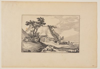 Skure, hvilende mand med kurv med æg i forgrunden, fra Landskaber (Verscheyden aerdige Lanthuysen...) af Claes Jansz. Visscher