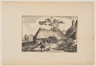 Gård med skur til en vogn, mand med gøende hund, fra Landskaber af Claes Jansz. Visscher